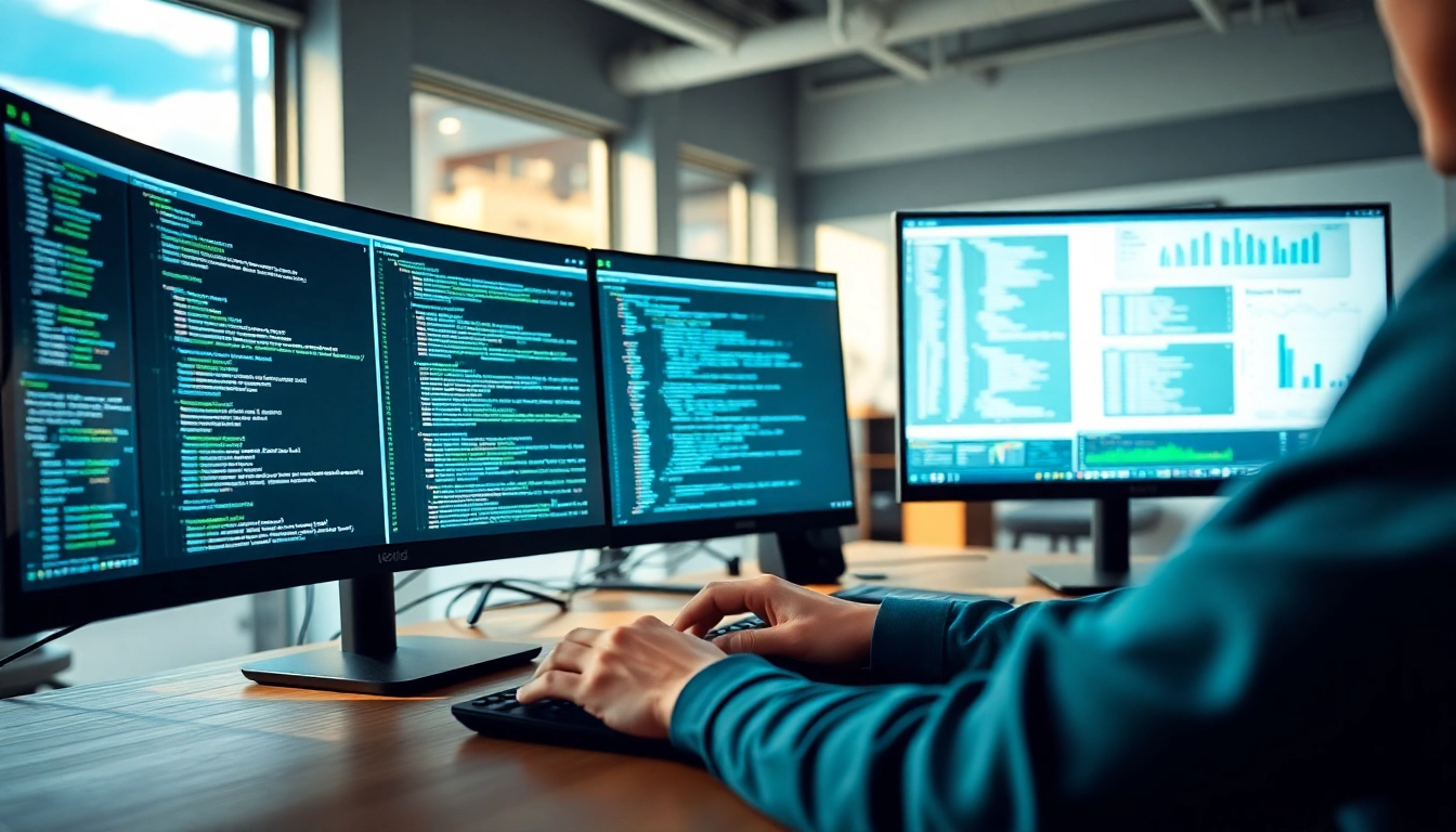 DoesQA showcasing a professional test automation setup with dual monitors and active coding.
