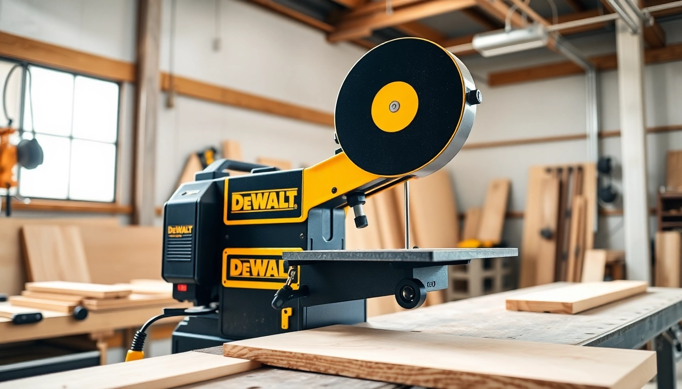 Cutting wood with a DeWalt band saw in a professional workshop setting.
