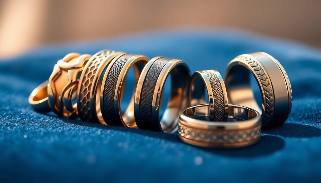 Showcase of mens wedding rings featuring diverse designs and textures on a velvet surface.