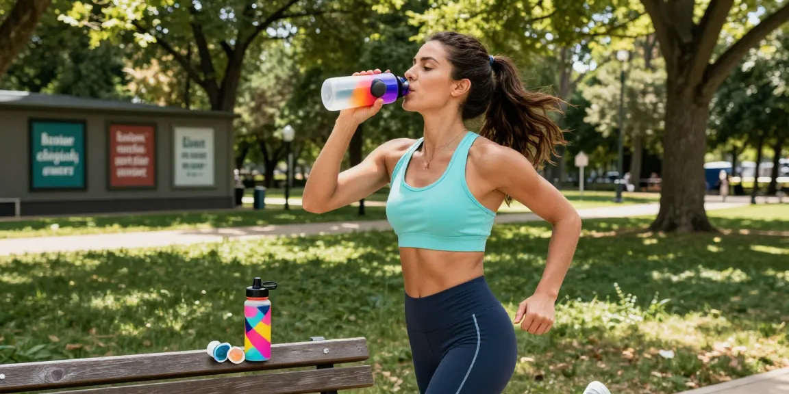 Dynamic scene of a sporty woman using a water bottle with smell ring while jogging in the park, showcasing hydration and health.