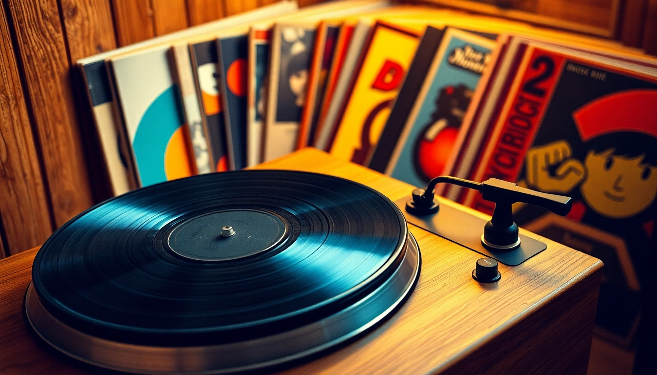 Showcase of lp records on a vintage turntable, highlighting vibrant colors and textures.