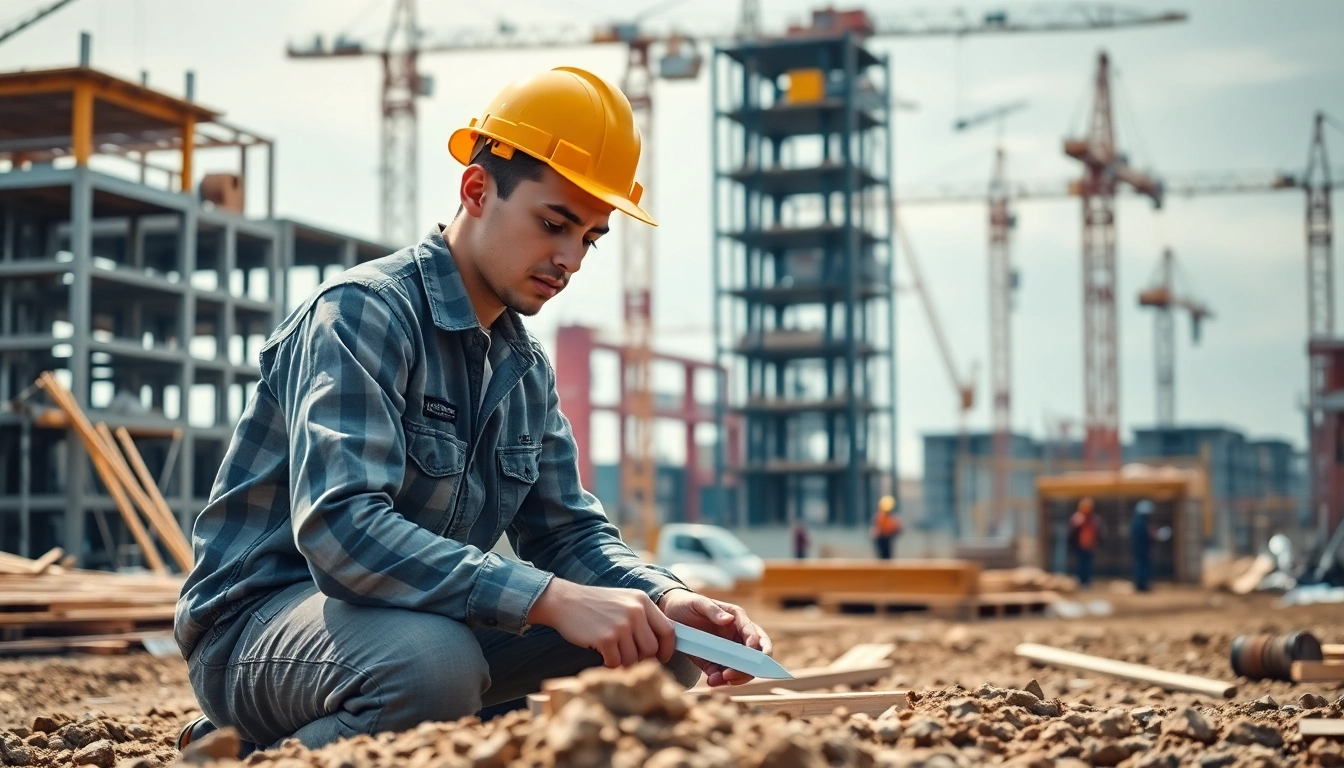 Engaging construction apprenticeship showcased through a focused apprentice and a bustling job site.