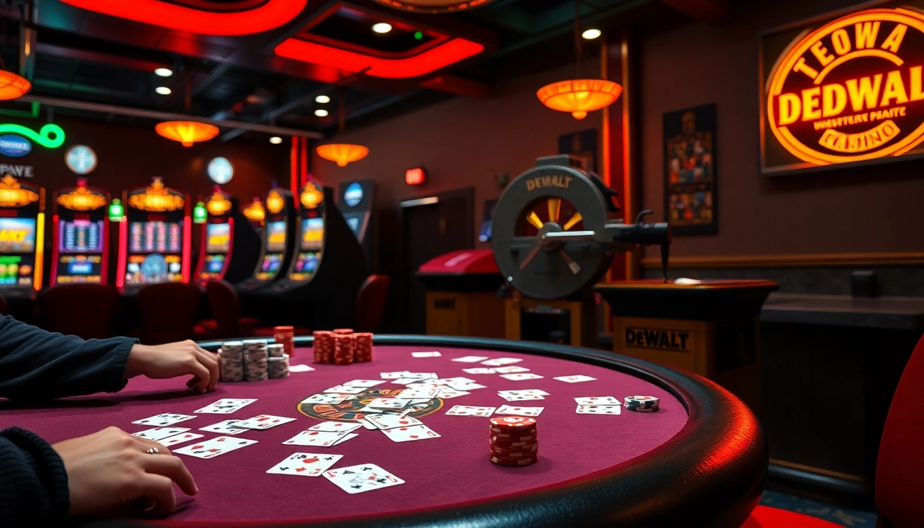 DeWalt band saw displayed prominently in a casino scene, showcasing precision craftsmanship amidst vibrant gaming setups.