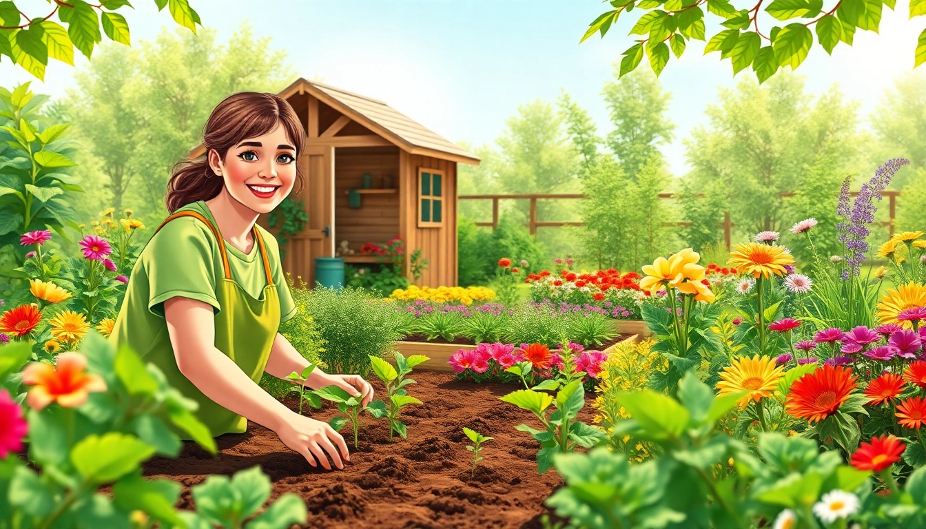 Gardening scene with a gardener tending vibrant plants in a sunny, lush garden.