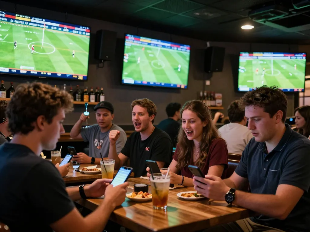 Soi Kèo users excitedly placing live sports bets in a vibrant sports bar atmosphere.