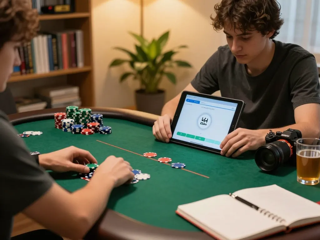 Player enjoying online poker at home using zkjj188 app with chips and strategy notes.