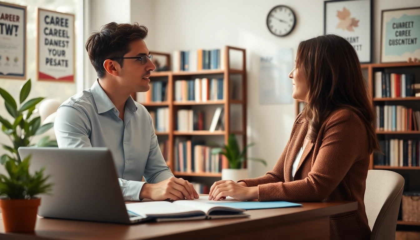Career consultant advising clients in a professional office environment, promoting engagement and growth.