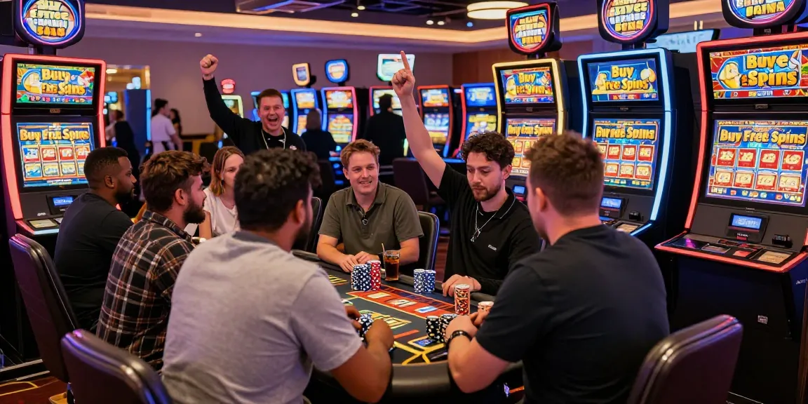 Players enjoying slots with buy free spins in a vibrant casino environment, showcasing excitement and community.