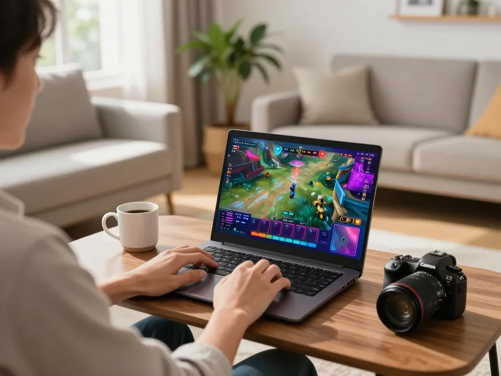 Engaged player exploring TOP nhà cái uy tín in a cozy home gaming setup, highlighting online gambling excitement.