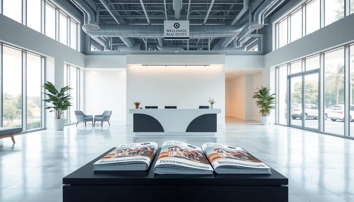 Showcase of modern real estate office interior inviting clients to explore services.