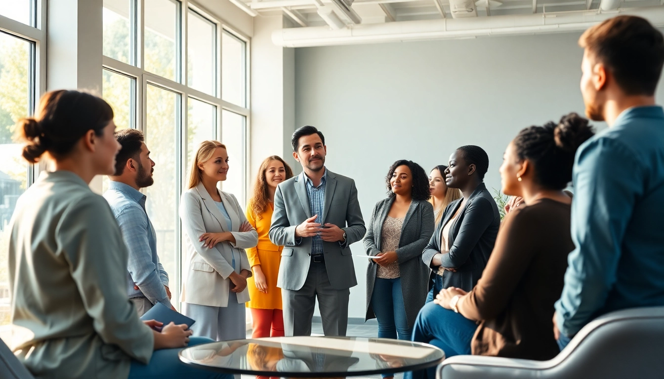Find my true calling in a vibrant coaching session with a diverse group in a modern office.