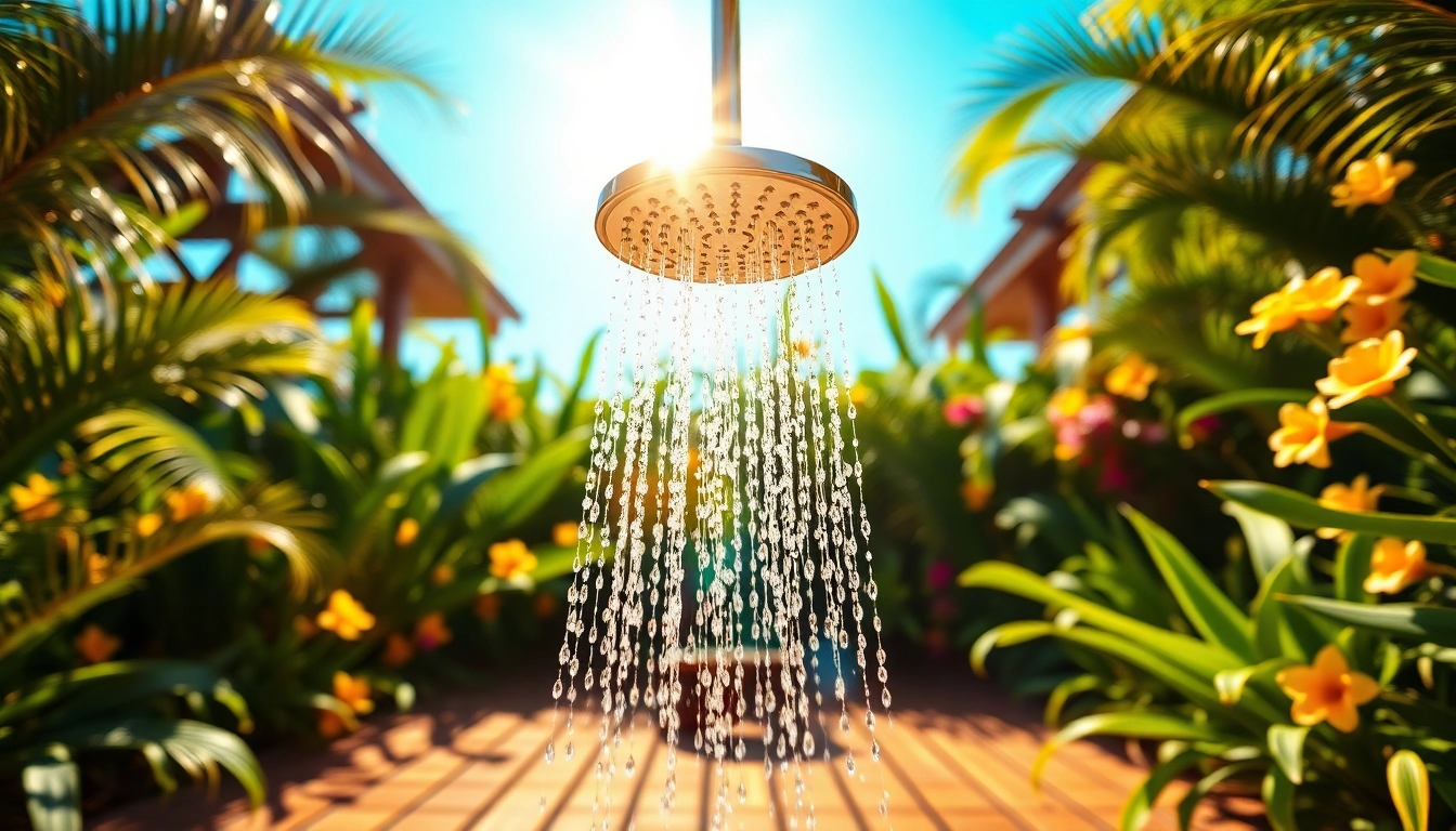 Refreshing sunny shower amidst lush greenery evokes a tropical paradise.