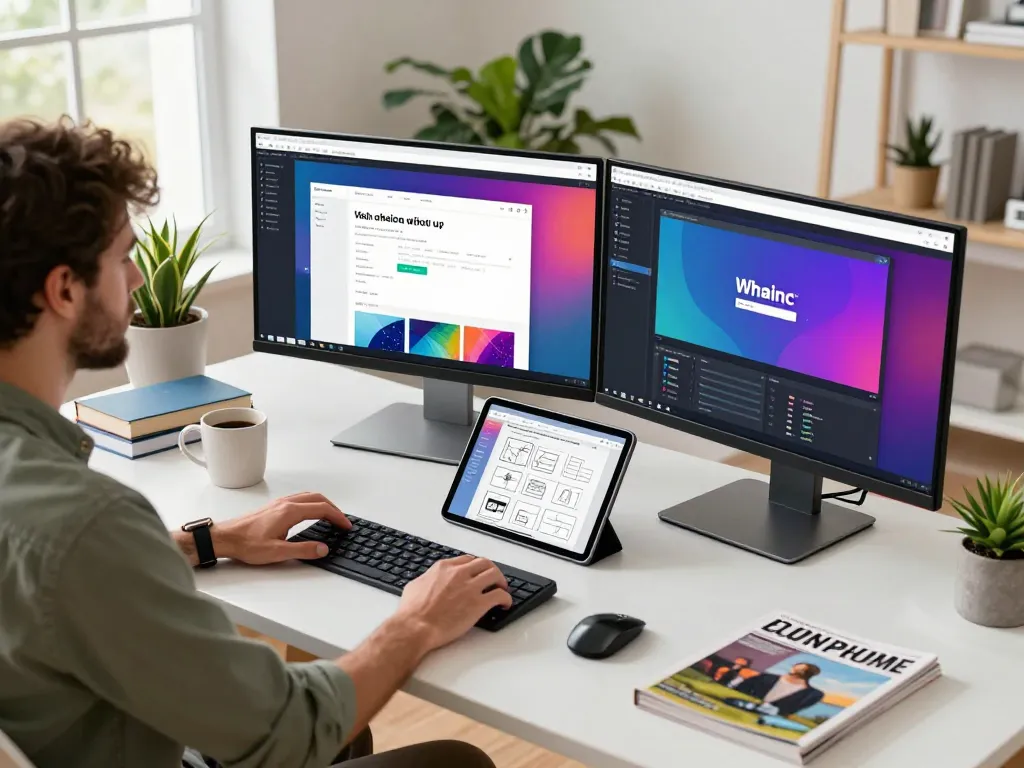 Web developer Kuala Lumpur coding at a modern workspace with multiple monitors and design tools.