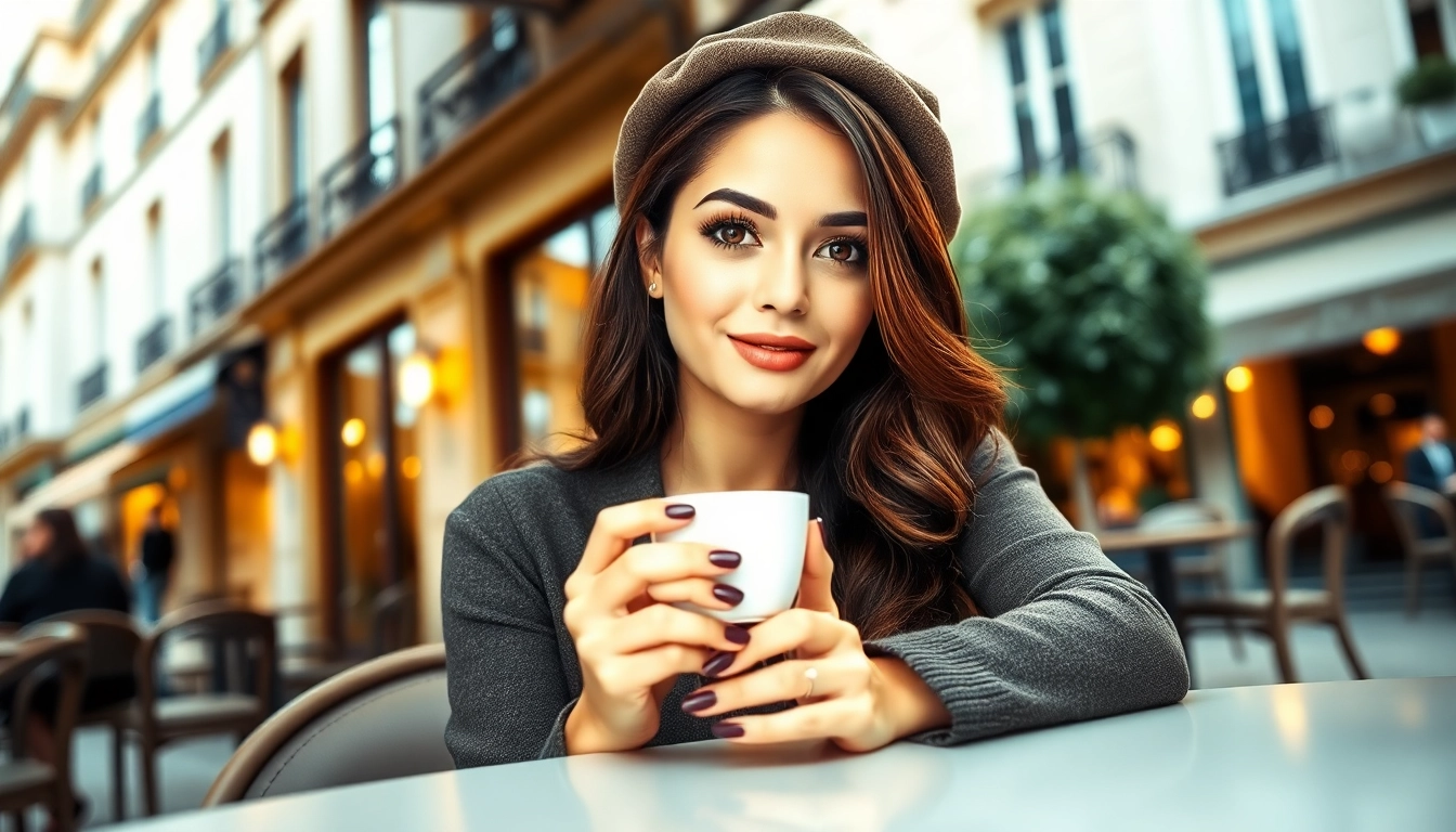 Mademoisele enjoying coffee in a charming Parisian café while showcasing elegance.