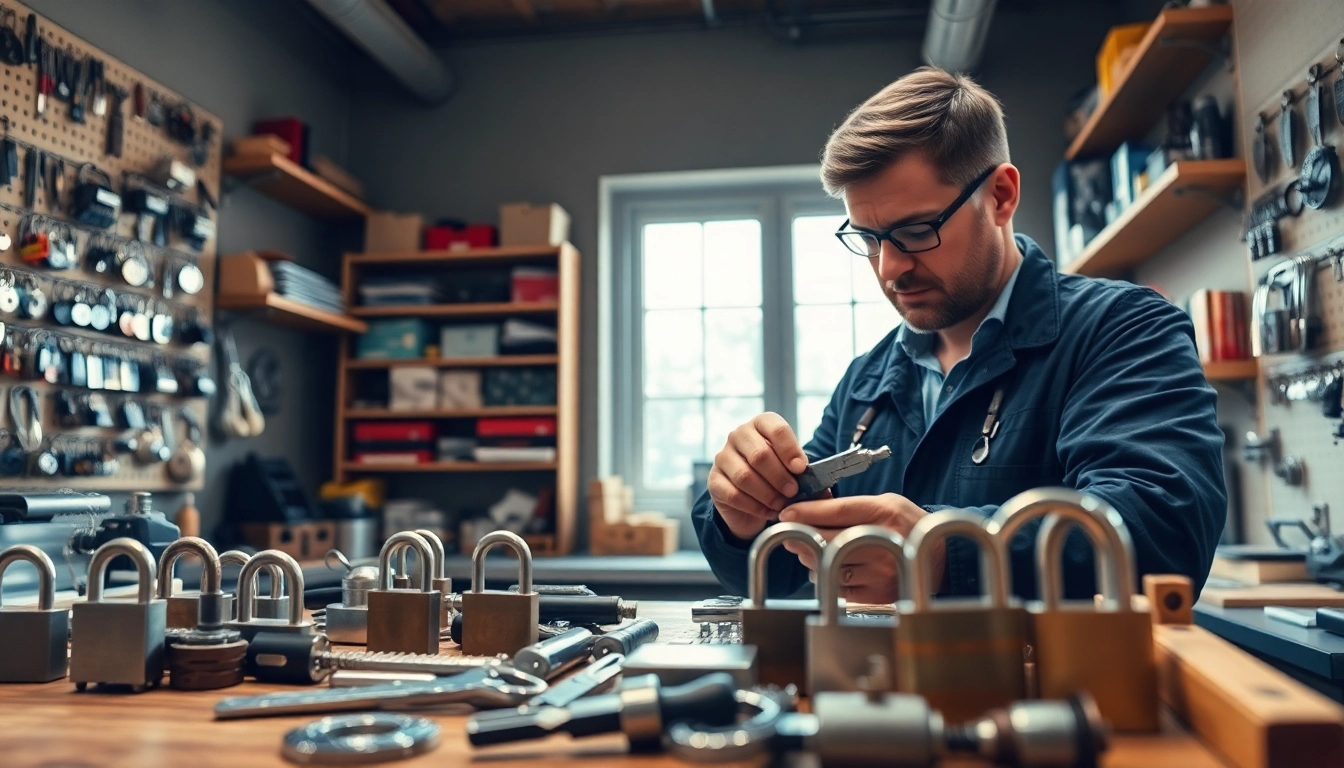 Locksmith expertly using tools in a bright workshop environment.