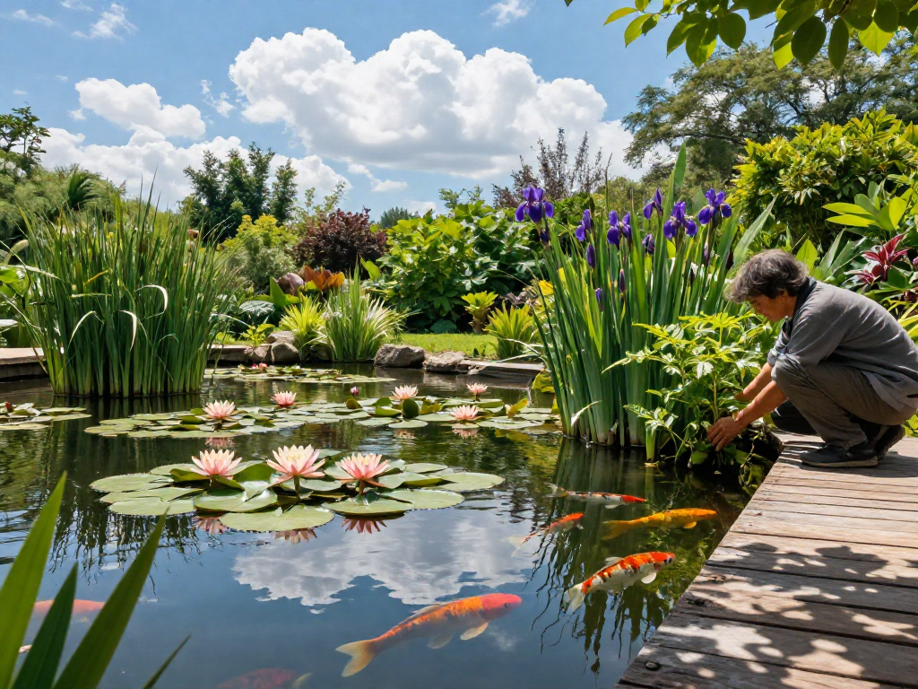 Water Lilies blooming in a tranquil pond garden with a gardener tending plants.