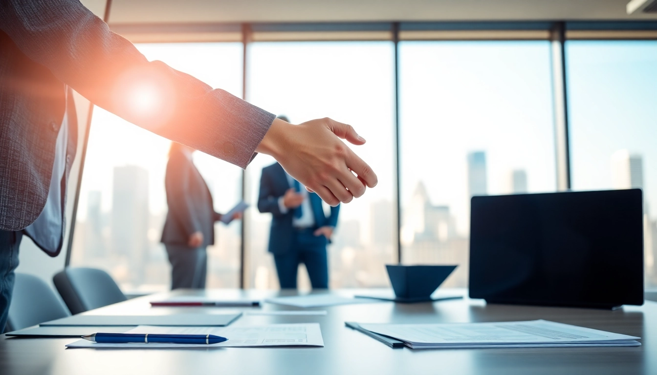 Engaging handshake symbolizing buy biz sell in a modern office setting.