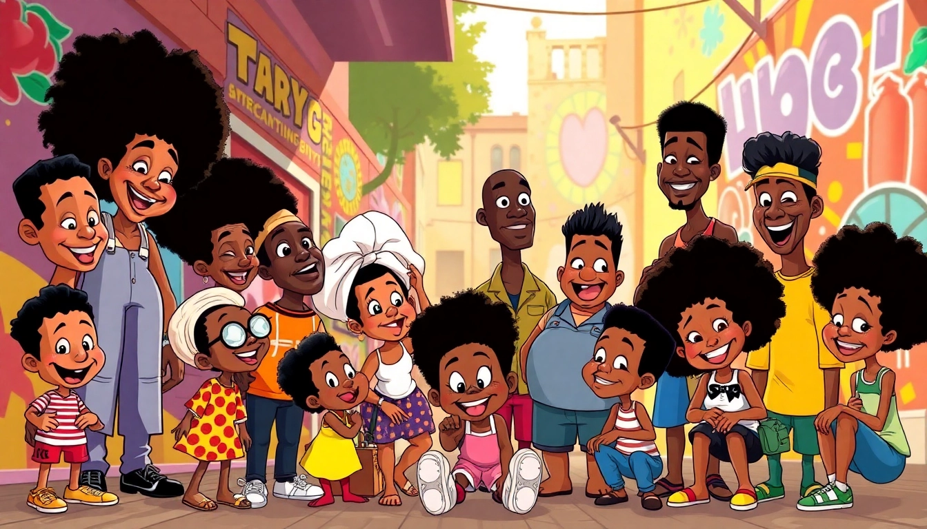 Diverse animated characters from African American Cartoons showcasing friendship and cultural celebration in a vibrant urban backdrop.