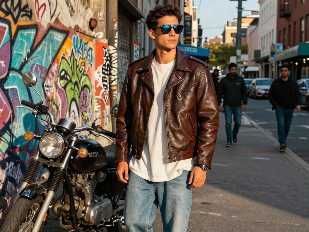 Stylish young man in men's leather jackets against graffiti wall, exuding urban fashion.