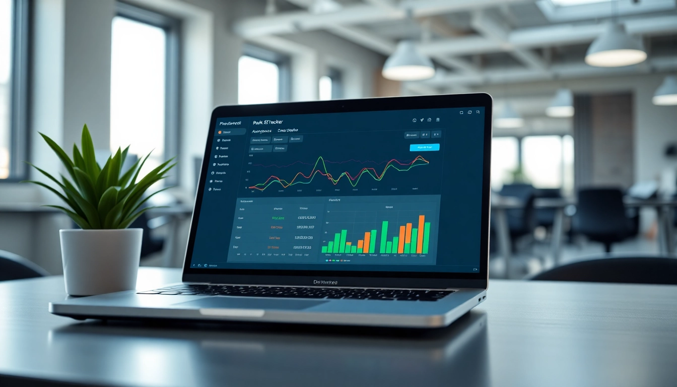Analyze SEO Rank Tracker performance with a detailed dashboard on a modern laptop.
