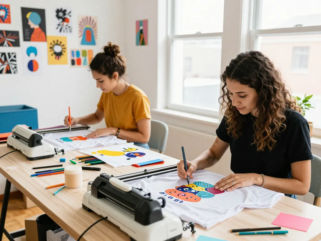 Artisans crafting with a diverse svg bundle, showcasing fun graphics and tools in a vibrant workspace.