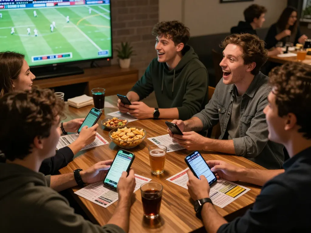 Bong da lu betting scene with friends joyfully cheering on a live football match while using smartphones.