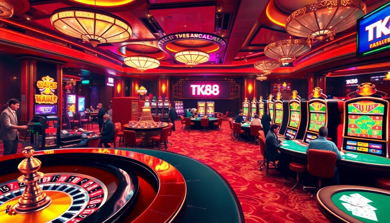 Experience the excitement of TK88 casino gaming with vibrant roulette and poker tables.