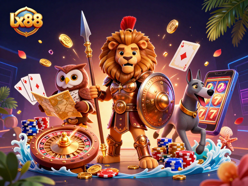 Immerse in lx88's dynamic casino scene featuring a Spartan lion, owl, and greyhound with striking gaming elements.