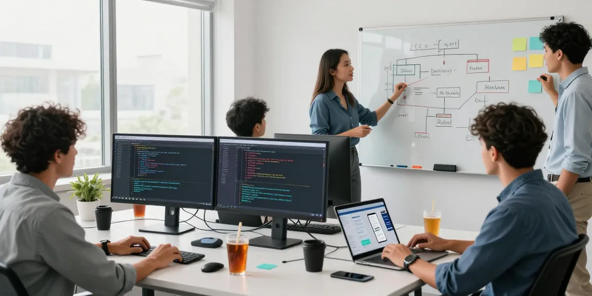 WhatsApp下載 software development teamwork in a modern tech office with collaborative professionals.