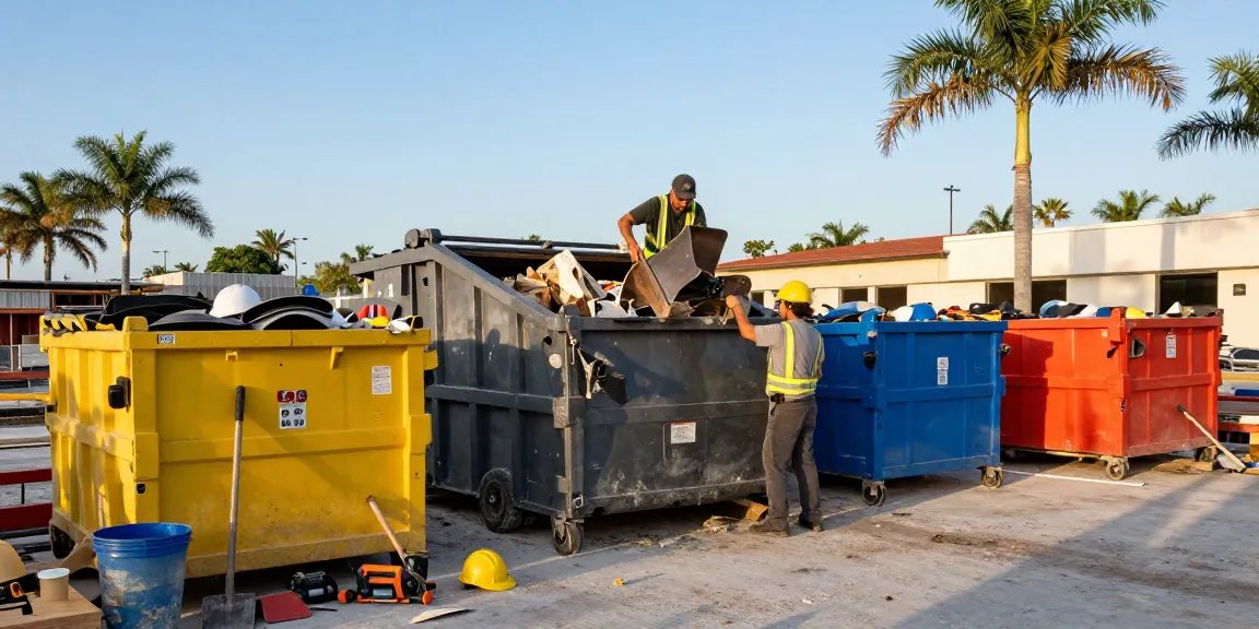 Dumpster rental in Naples FL with contractors managing debris removal at urban construction site.