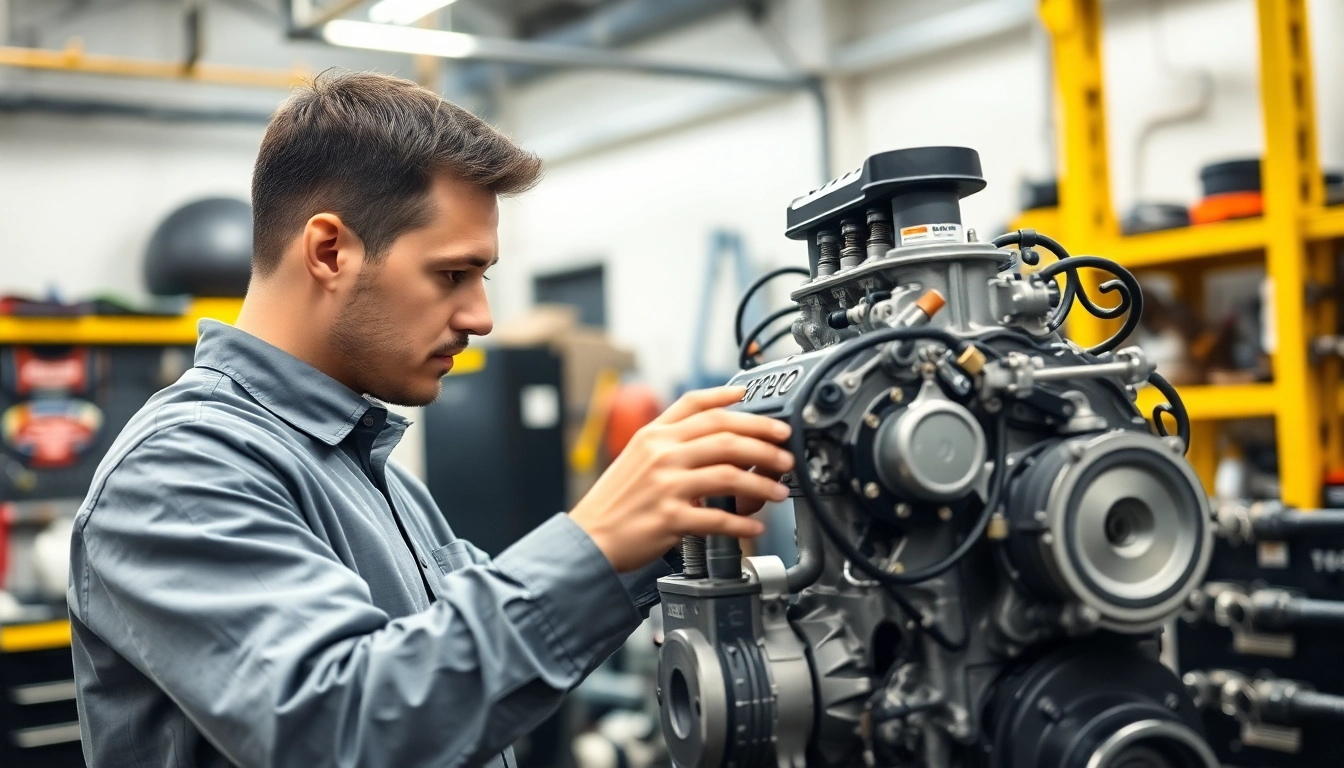 Analyzing used engines with an expert technician in a bright workshop