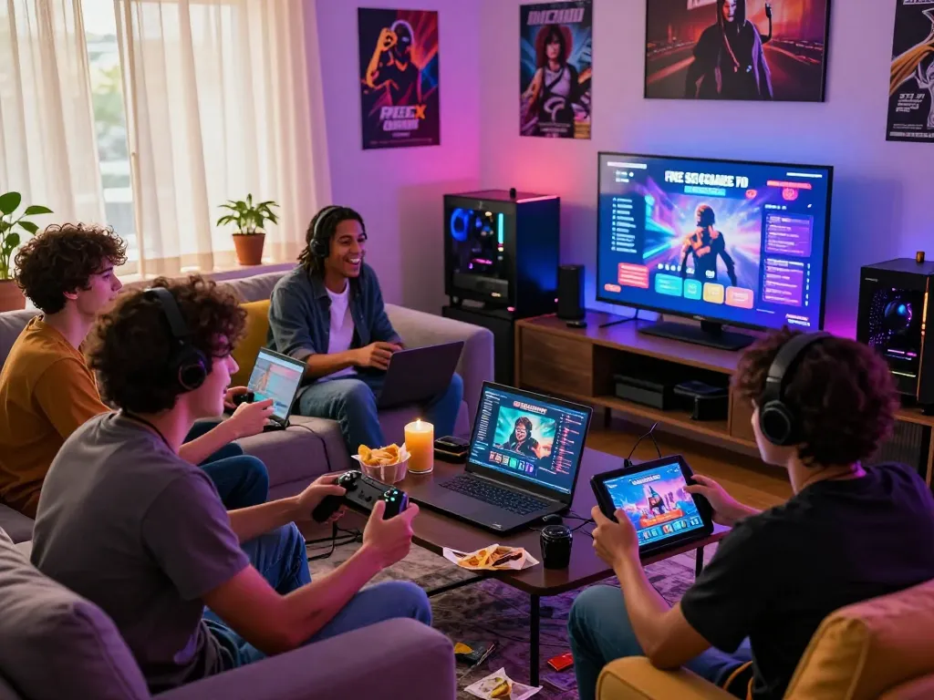 Friends enjoying free sex games together in a cozy gaming room