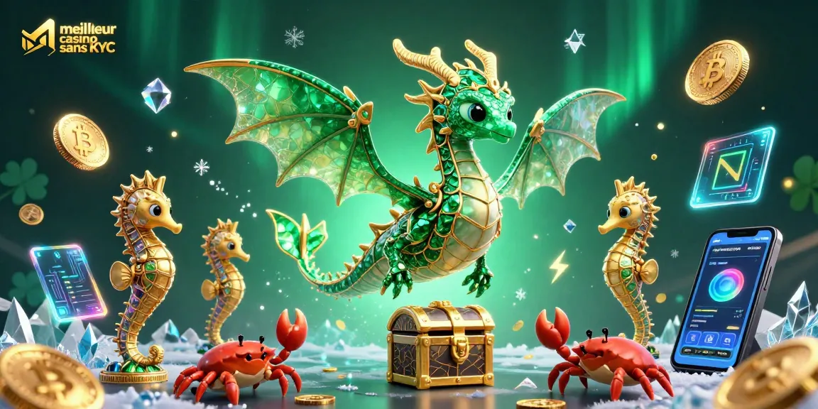 Découvrez le meilleur casino sans KYC avec un dragon de mer et des pièces de crypto-monnaie brillantes.