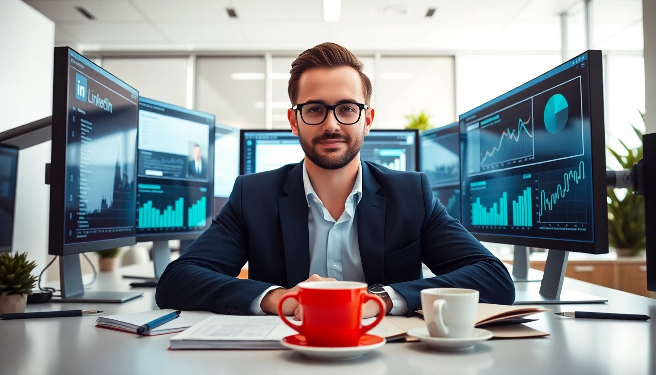 Use techniques to scrape linkedin search results using automated tools in a vibrant office setting.
