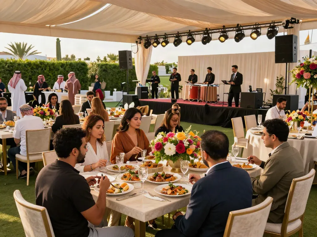 Stunning event rentals showcased in a luxurious outdoor setting featuring elegant tables, decor, and audiovisual equipment.