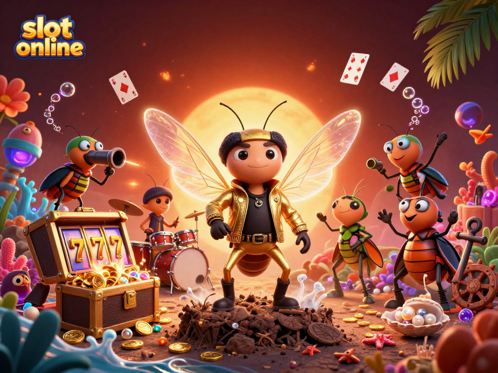 Experience thrilling slot online action in this vibrant 3D illustration of a cicada rock star.