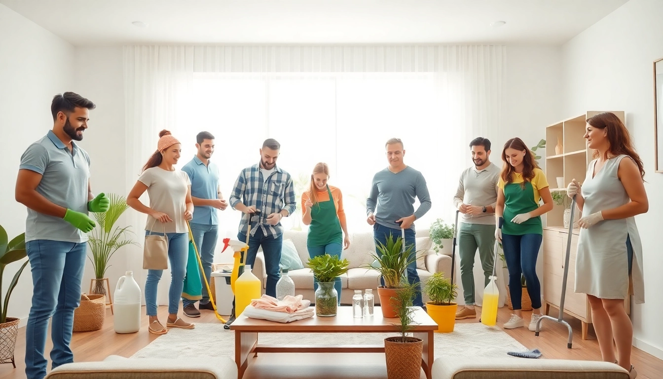 Cleaning service team delivering expert home cleaning in a bright, modern setting, showcasing eco-friendly practices.