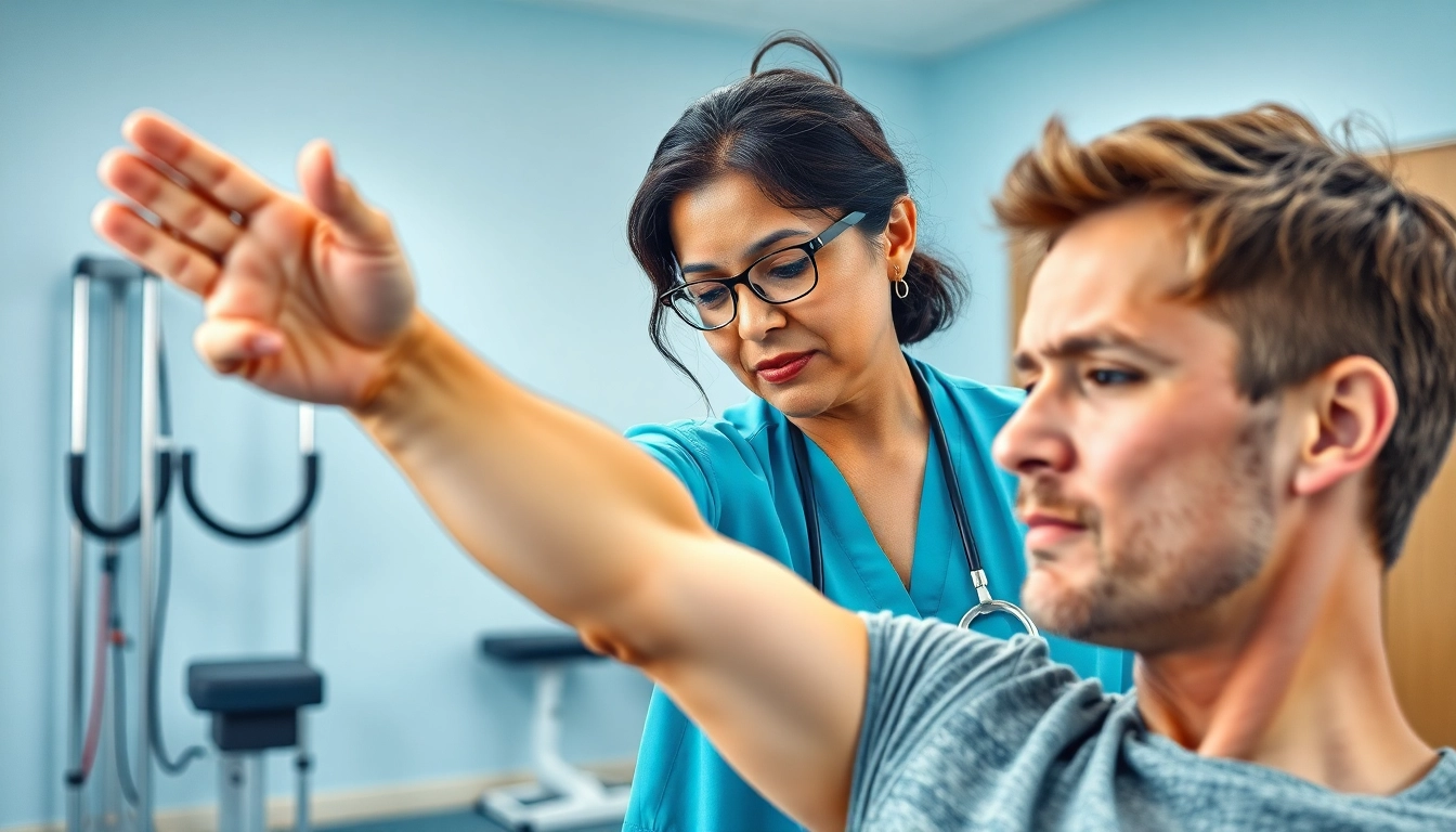 Physiotherapy Edmonton session with a therapist guiding a patient in rehabilitation exercises.