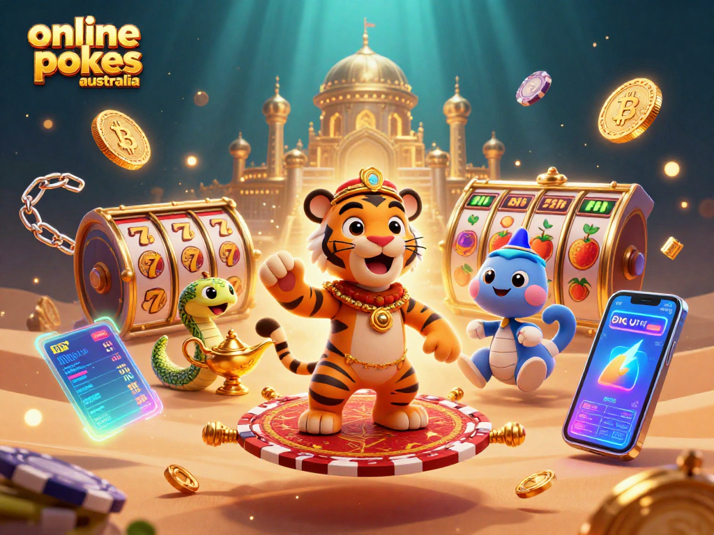 Explore exciting online pokies Australia with vibrant games, slots, and jackpots in a mystical casino scene.