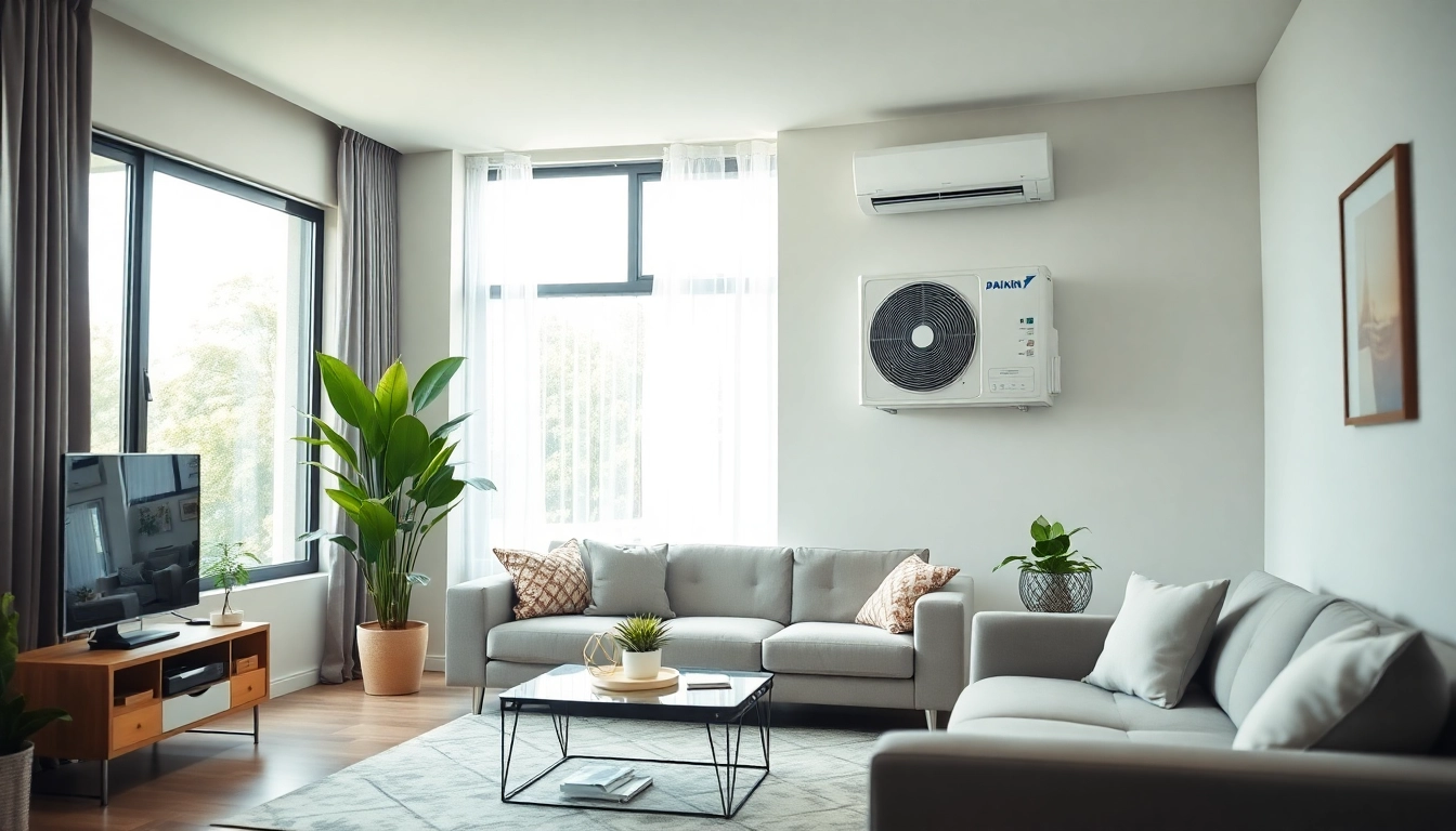 Installing a Daikin mini split AC in a stylish living room, promoting comfortable climate control.