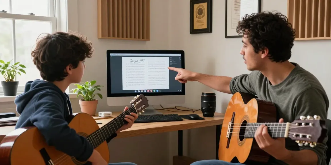 Guitar Instructor Online teaching during engaging virtual lesson, showcasing interactive instruction techniques.