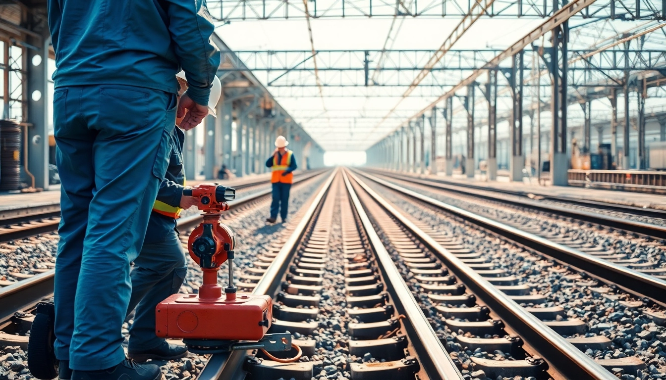 Inspecting railroad maintenance tracks with professional equipment in a bright setting.