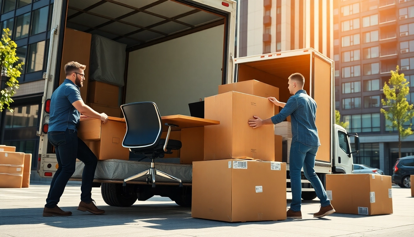 Office Movers demonstrating teamwork while packing and loading office furniture into a truck.