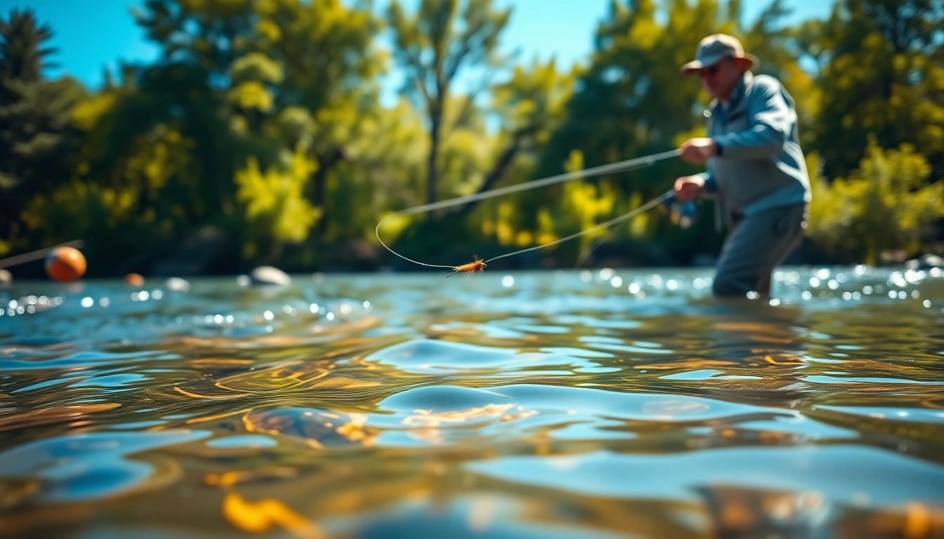 Beginner fly fishing for beginners enthusiast casting in a clear river with lush scenery.