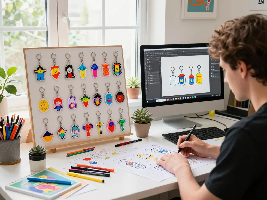Custom acrylic keychains designed by an artist in a creative workspace.