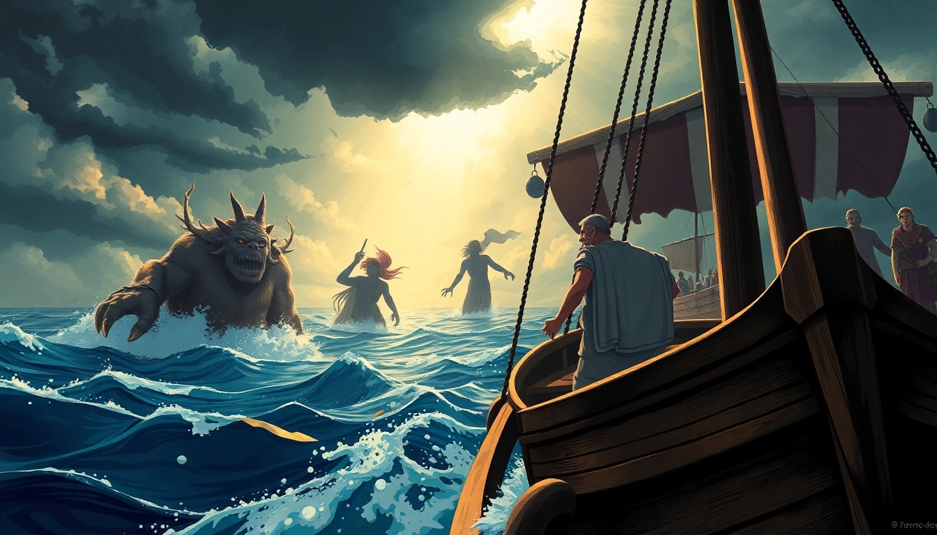 Odyssey meaning origin depicted in an illustration of Odysseus's epic adventures at sea.