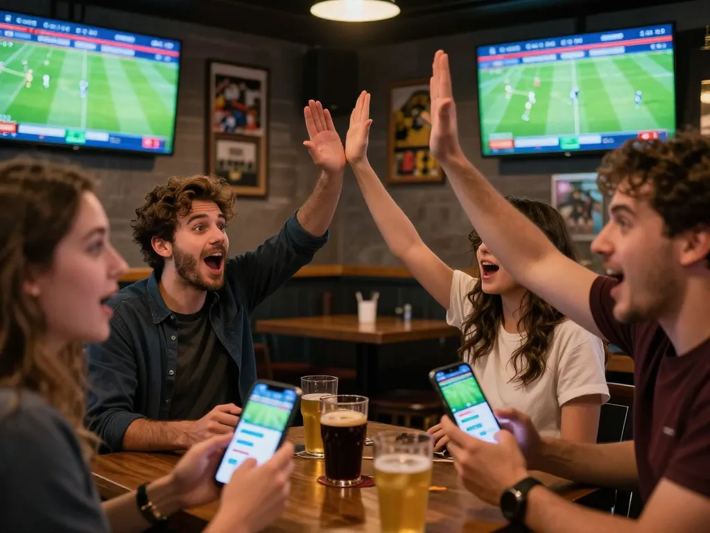 Socolive enhances live sports betting excitement with friends celebrating wins in a modern bar.