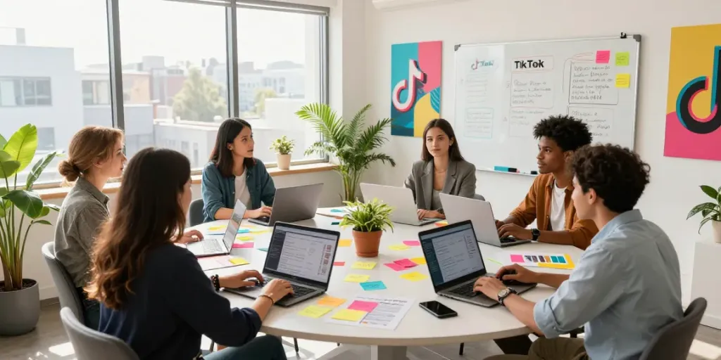 Marketing team collaborating on TikTok agency strategies in a modern office.