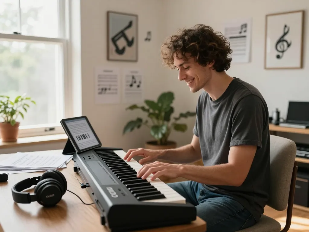 Music enthusiast engaged with the GO 88 digital piano, highlighting the joy of music learning.