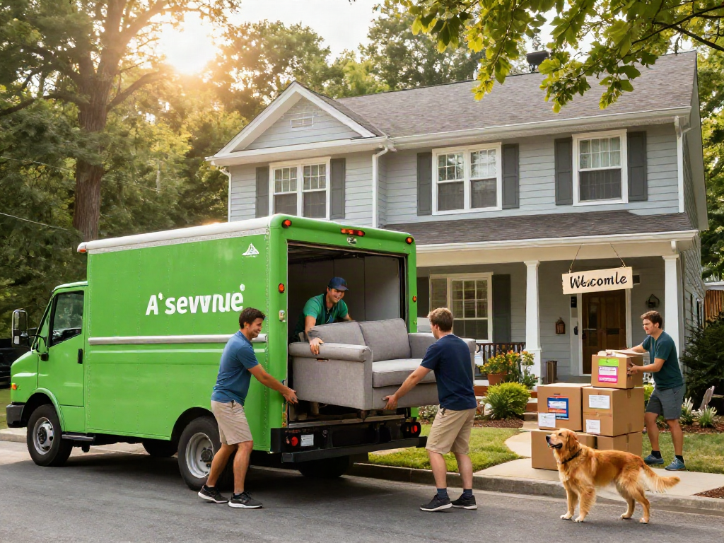 Asheville moving company team loading a bright truck in cozy neighborhood.